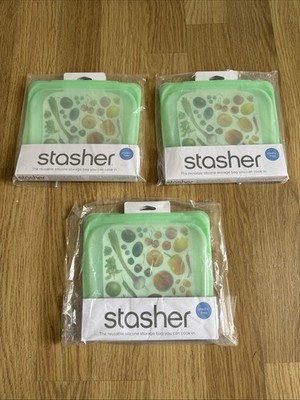 3 x Stasher Platinum Silikon Lebensmittelqualität Wiederverwendbar Aufbewahrungstasche Grün Sandwich Tasche