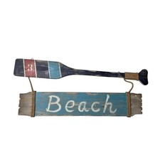 Rustic Wooden Beach Sign with Oar Nautical Wall Decor Distressed Coastal Art
