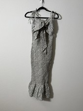 Mable Floral Smocked Midi Dress Blue Cream Tie Strap Bow Front Mermaid Hem M