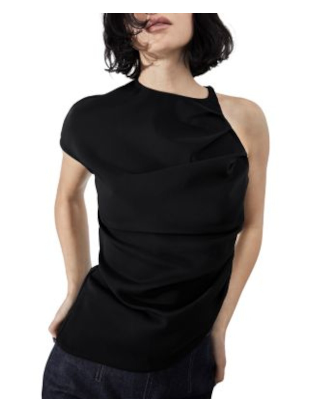 ET OCHS Womens Black Lined Drape Asymmetrical Hem Cap Sleeve Cocktail Top 2