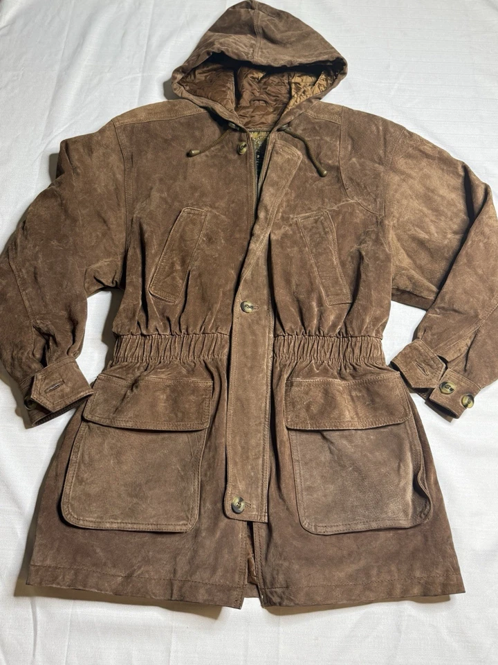 Chaqueta de cuero/cuero de vaca Express vintage de los 80’s para mujer marrón cintura ceñida pequeña  Foto 2 de 4