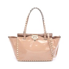 Valentino Garavani Rockstud Medium Tote Enamel Leather Pink Beige 2Way Used