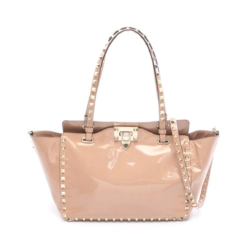 Valentino Garavani Rockstud Medium Tote Enamel Leather Pink Beige 2Way Used