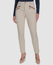 Tommy Hilfiger Women's Beige Faux-Leather Trim Ankle Trousers Pants Size 16