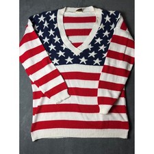 Vintage American Flag Sweater V-Neck Stars Stripes Cotton USA Made