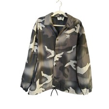 Adidas Coach Jacket Mens M Gray Camo Graphic Windbreaker Snap Front