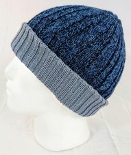 Extra Soft Baby Alpaca Reversible Cable Knit Beanie Blue Dark Blue Handmade