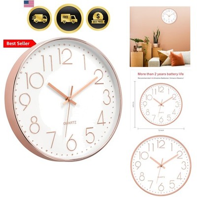 Modern Wall Clock 12 Inch Non-Ticking Silent Battery Operated Round Quartz Ro...