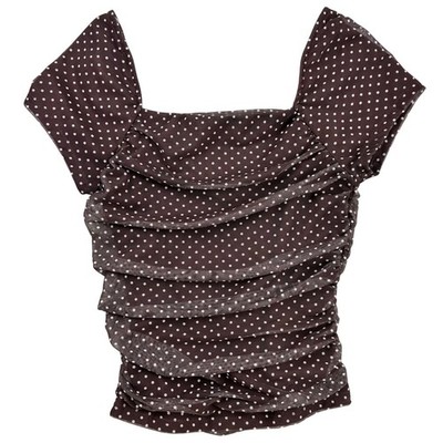 Y2K Ragdoll Womens Brown Polka Dot Ruched Mesh Square Neck Top Short Sleeve XS