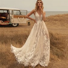 Boho A-Line Wedding Dresses V-Neck Spaghetti Strap Lace Appliques Bridal Gowns
