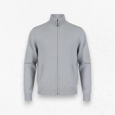 LL Bean Light Gray Mock Neck Classic Full Zip Heavy Knit Sweater Size Large 