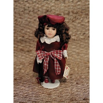 Collector's Choice Porcelain Doll, Burgundy hat, dress Curly Hair