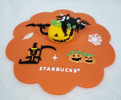 Starbucks Halloween Pumpkin Black Cat Coffee Mug Silicone Cover Lid