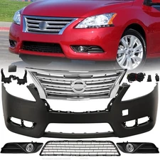 Primed Bumper Cover Upper Lower Grille Fog Light Kit For 2013-2015 Nissan Sentra