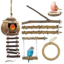 7PCS Bird Perches, Coconut Nest Hut with Ladder, Bird Swing and Stand for Sma...