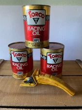 VINTAGE LOT OF 3 TORCO MPZ RACING OIL 1 quart cans, 20W/50, full, with spout NOS