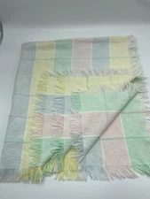 Vintage Pastel Baby Blanket Checkered Cotton Knit Multicolor Fringe USA