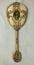 Vintage Brass Filigree Ormolu Jeweled Hollywood Regency Hand Mirror Vanity Decor