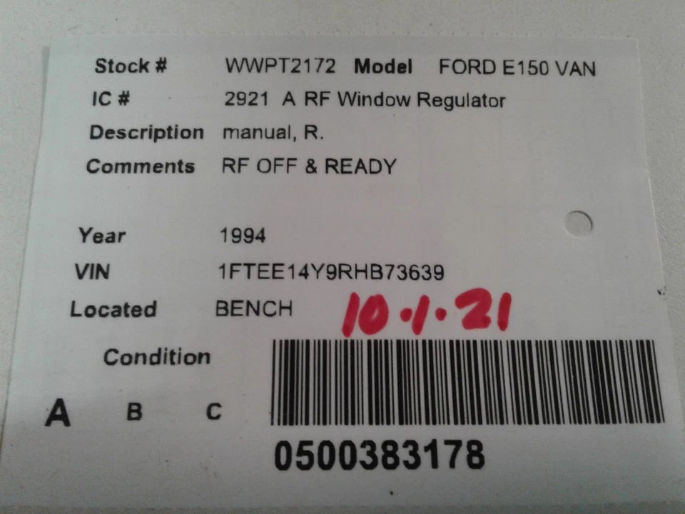 Used Front Right Door Window Regulator Front fits: 1994 Ford E150 VAN manual Fro Foto 3 de 4