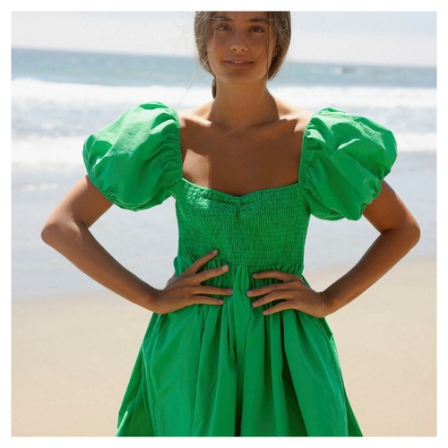 Cousin The Label Women's Smocked Puff Sleeve Brac Dress Sz M NWT 198 Green