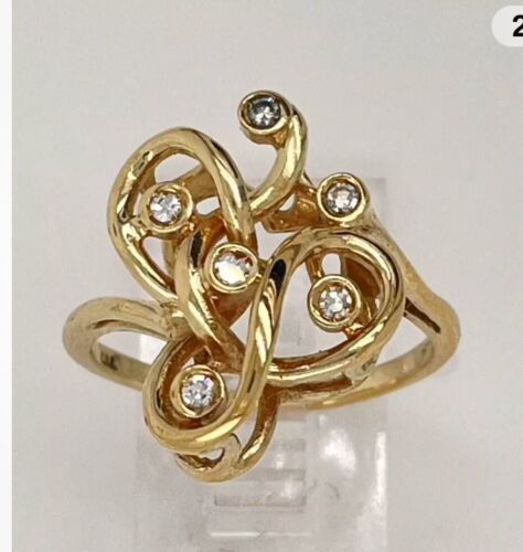 14k Yellow Gold Bezel Set .12 Ct Diamond Swirl Cluster Ring Size 6 3/4 - 3.5 Gr