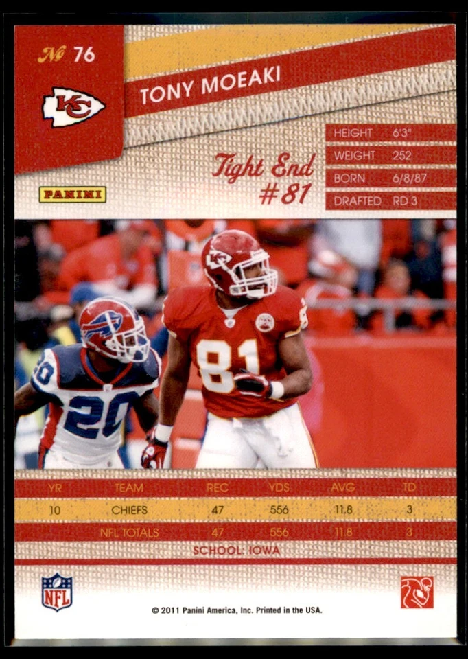 2011 Panini Certified Tony Moeaki Kansas City Chiefs #76 - Image 2 of 2