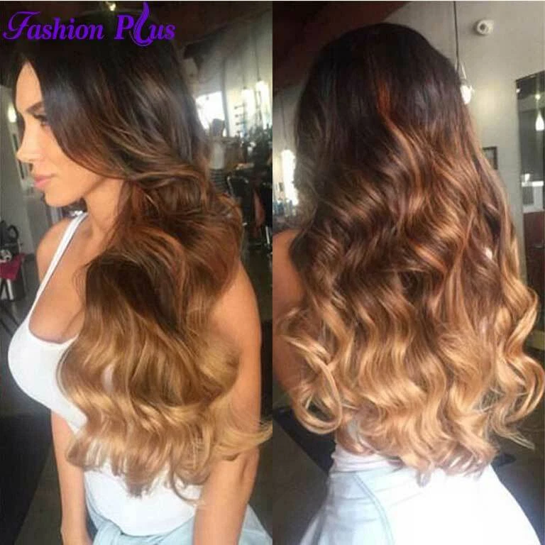 Paquetes de cabello humano Ombre cuerpo tejido ondulado 3 paquetes trama extensiones de cabello Remy Foto 2 de 4