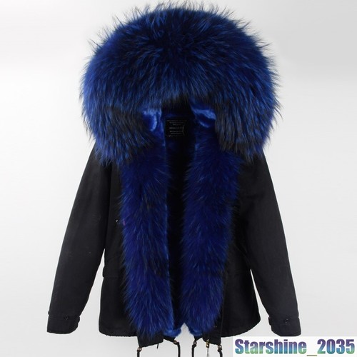 Chic Women Large Real Fur Collar Hood Coat Warm Jackets Short Parka Furry Winter - Picture 20 of 41