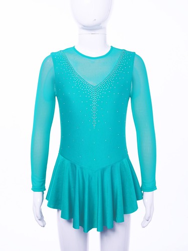 Kids Girls Rhinestone Ballet Dance Dress Mesh Figure Ice Skating Leotard Dresses - Picture 38 of 48