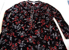 Stretch Fleece Nightgown ARIA Collection 2X Long Sleeve Black w/ Red Gray Floral