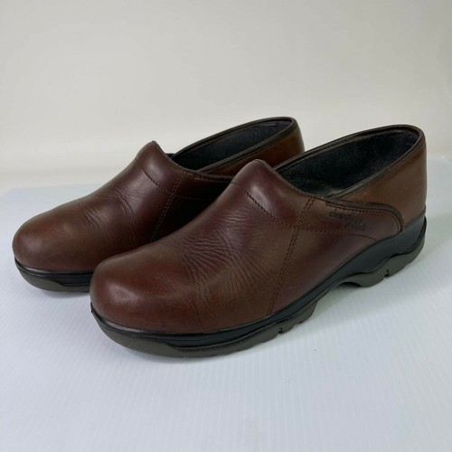 brown leather nursing clogs