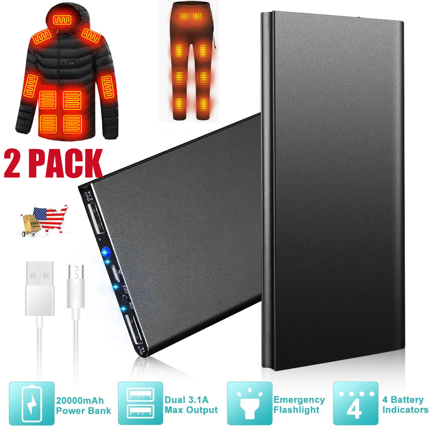2Pack 20000mAh Heated Vest Winter Warm Electric USB Jacket Thermal Heating Coat - second product detail image