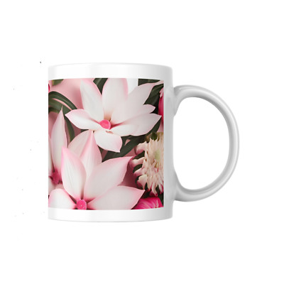 White mug with pink and green flower photo like motif - NEW