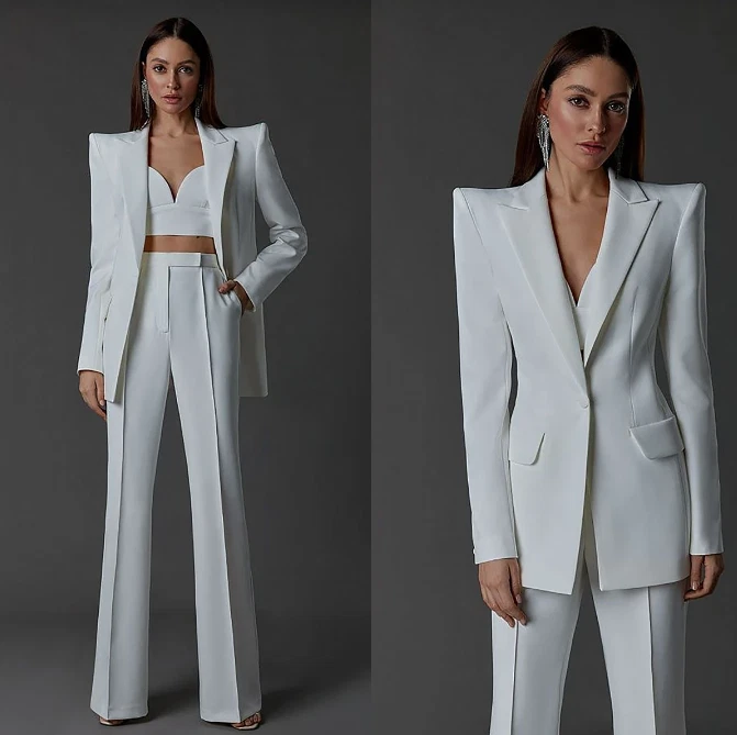 White Women Pants Suits Slim Fit Thicken Shoulder Pad Evening Ladies Party  Wear