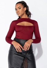 Womens Parisian Wine Rib Knit Cut Out Detail Turtle Neck Bodysuit