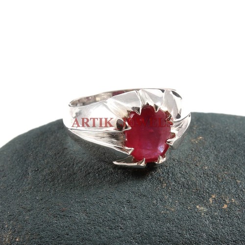Heated Ruby Gemstone with 14K White Gold Plated Silver Ring for Men's #3111