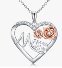 Mom Heart Necklace with Rose CZ Solid Sterling Silver Pretty Mother's Day Gift