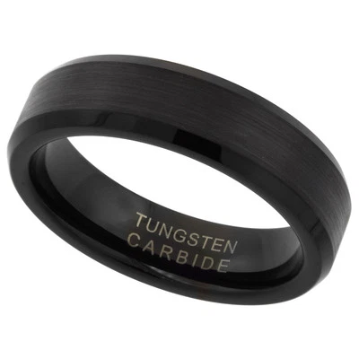 Schwarzer Wolfram Trauring Flachring Mit Facettierter Kante Gebürstete Optik - Bild 1 von 2