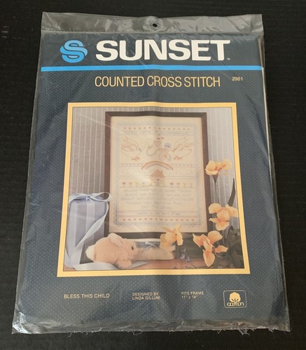 Sunset Counted Cross Stitch Kit BLESS THIS CHILD Sampler Storks Rainbow NEW - Picture 2 of 9