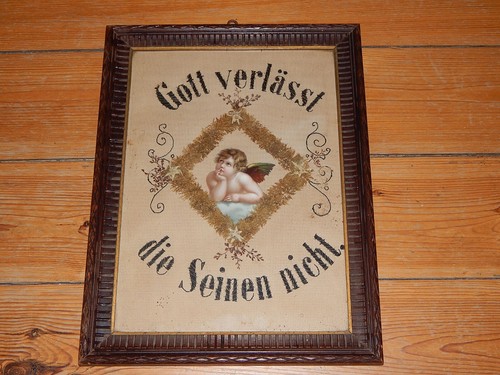 alter Bilderrahmen Holz Glas Aufhängung + sakrale Stickerei Oblate Edelweiß