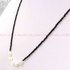 Faceted 3mm Black Spinel Round Beads 6-7mm White Pearl Pendant Necklace 18"