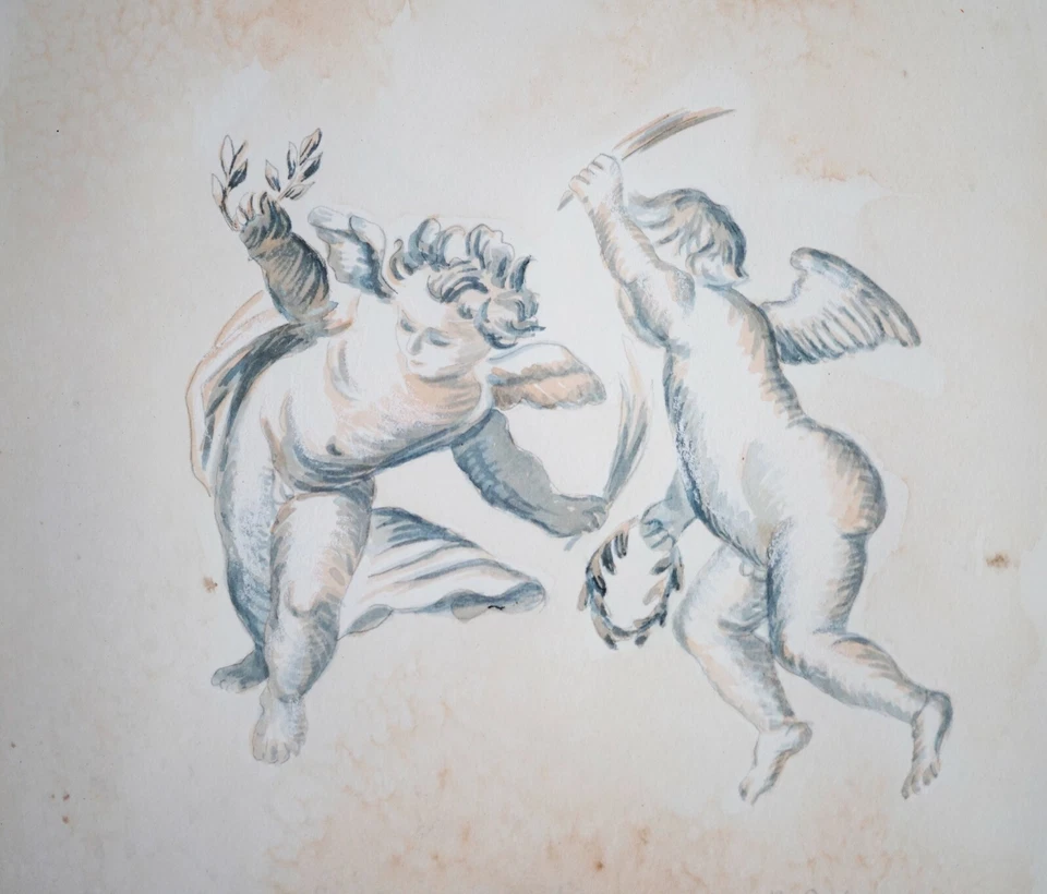 Классический в рамке оригинальный уголь рисунок пары херувимов на B. Embree - Изображение 3 из 4