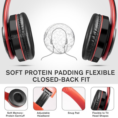 Red Wireless Hi-Fi Stereo Bluetooth Headphones Foldable Over Ear Headset PC TV - Picture 5 of 12