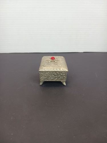 Portagioie vintage ornato piccolo metallo argento fodera tessuto rosso 3"x13/4" - Foto 9 di 12