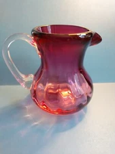 Pilgrim Glass Hand Blown Optic Cranberry Pitcher W/ribbed Applied Handle