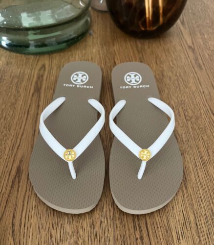 TORY BURCH Flip Flops 7 Tan White Flats Thin Strap Sandals - Picture 3 of 4