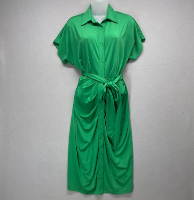 Lillys Kloset Dress Womens Large Kelly Green Rouched Belted Midi Office Career