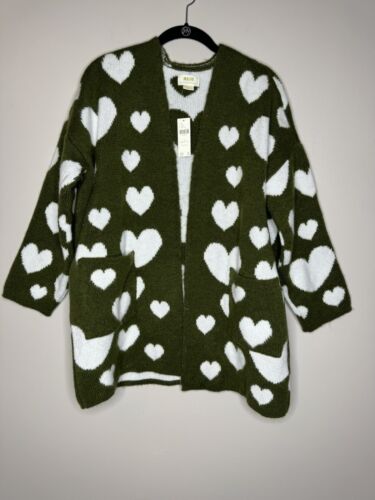 NEW Anthropologie Maeve open cardigan green w/ white hearts sweater size XS