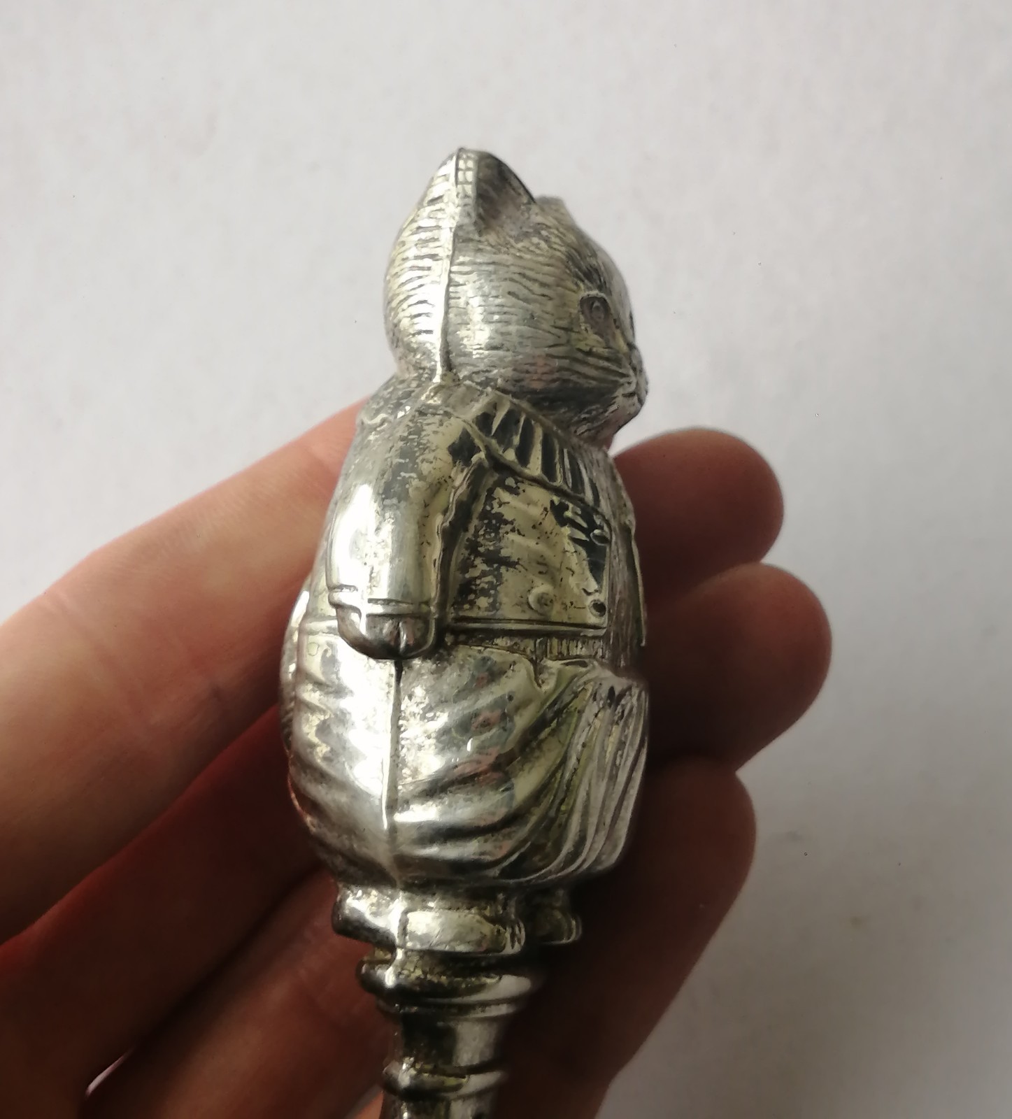 STERLING SILVER MOTHER OF PEARL CAT BABY Rattle Teether Hallmarked Vintage 1965