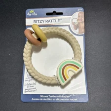 NEW Baby Teething Toy Teether Itzy Ritzy Silicone Rattle & Two Rings Sore Gums
